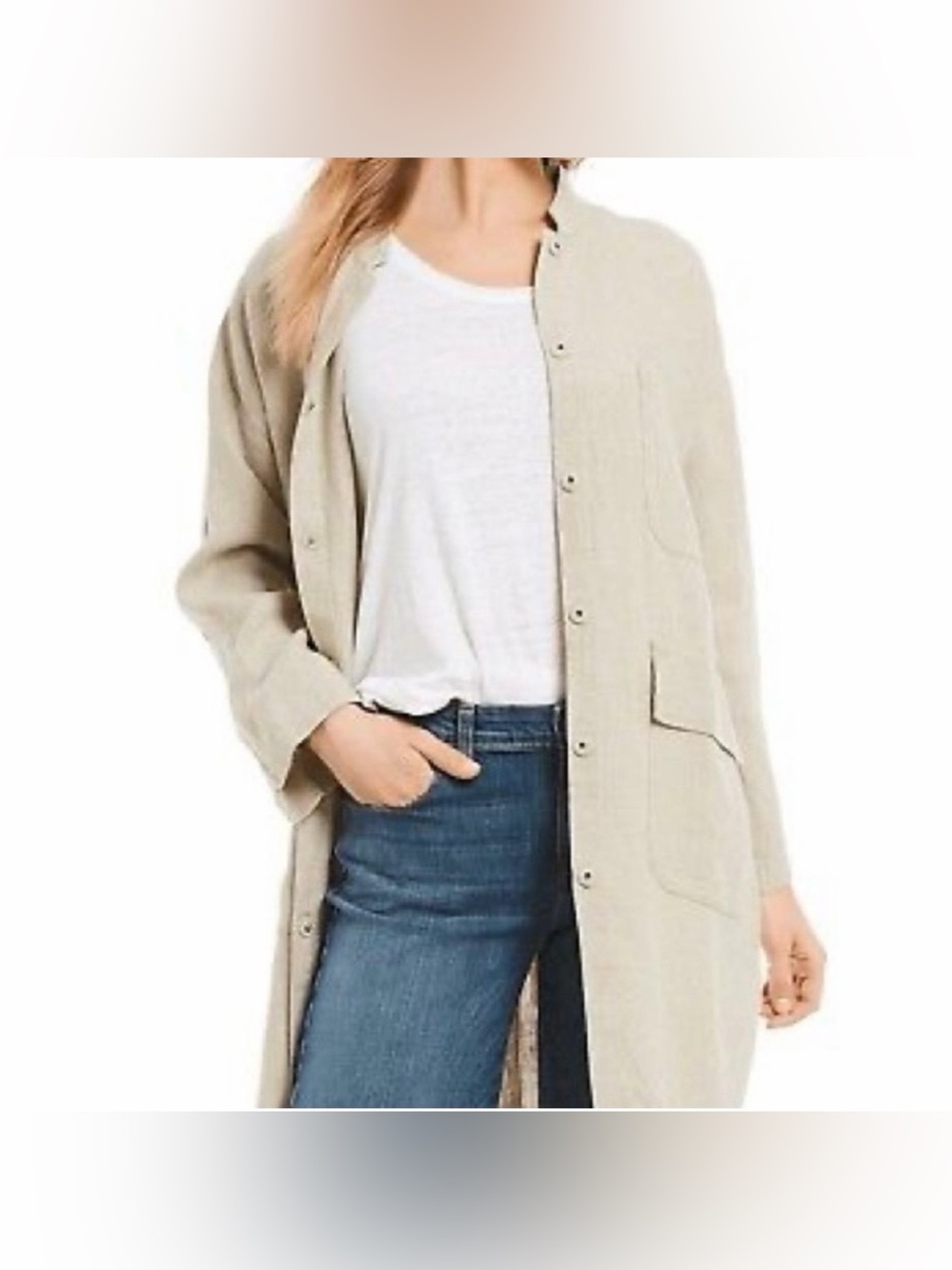 Eileen Fisher Organic Linen Mandarin Collar Beige Jacket Sz L Natural Beige - Picture 2 of 15